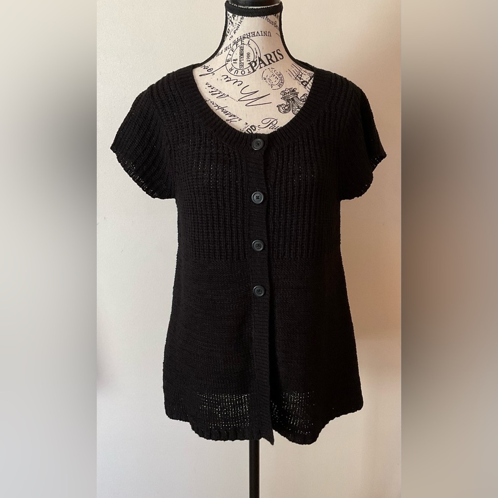 AUGUST SILK Half Button Short Sleeve Cardigan Sweater Black Size PL